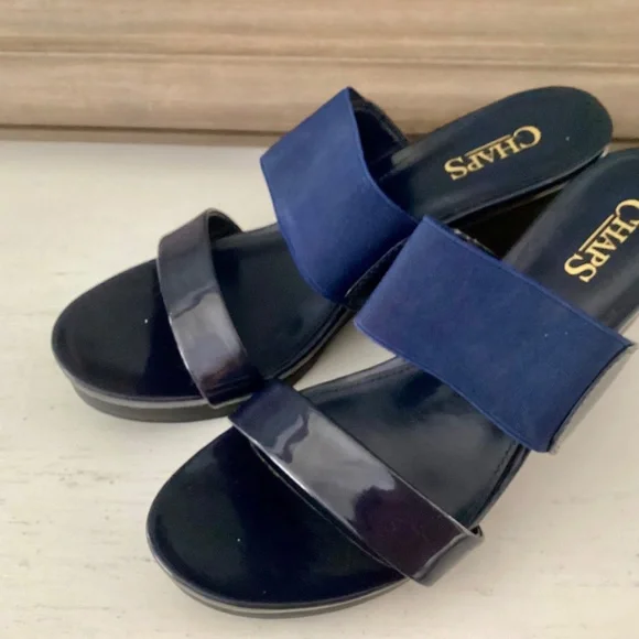 Chaps Shoes Women's Size 7.5 Navy Blue Slides Wedge Slip-on Sandals Elastic Top - Picture 3 of 10